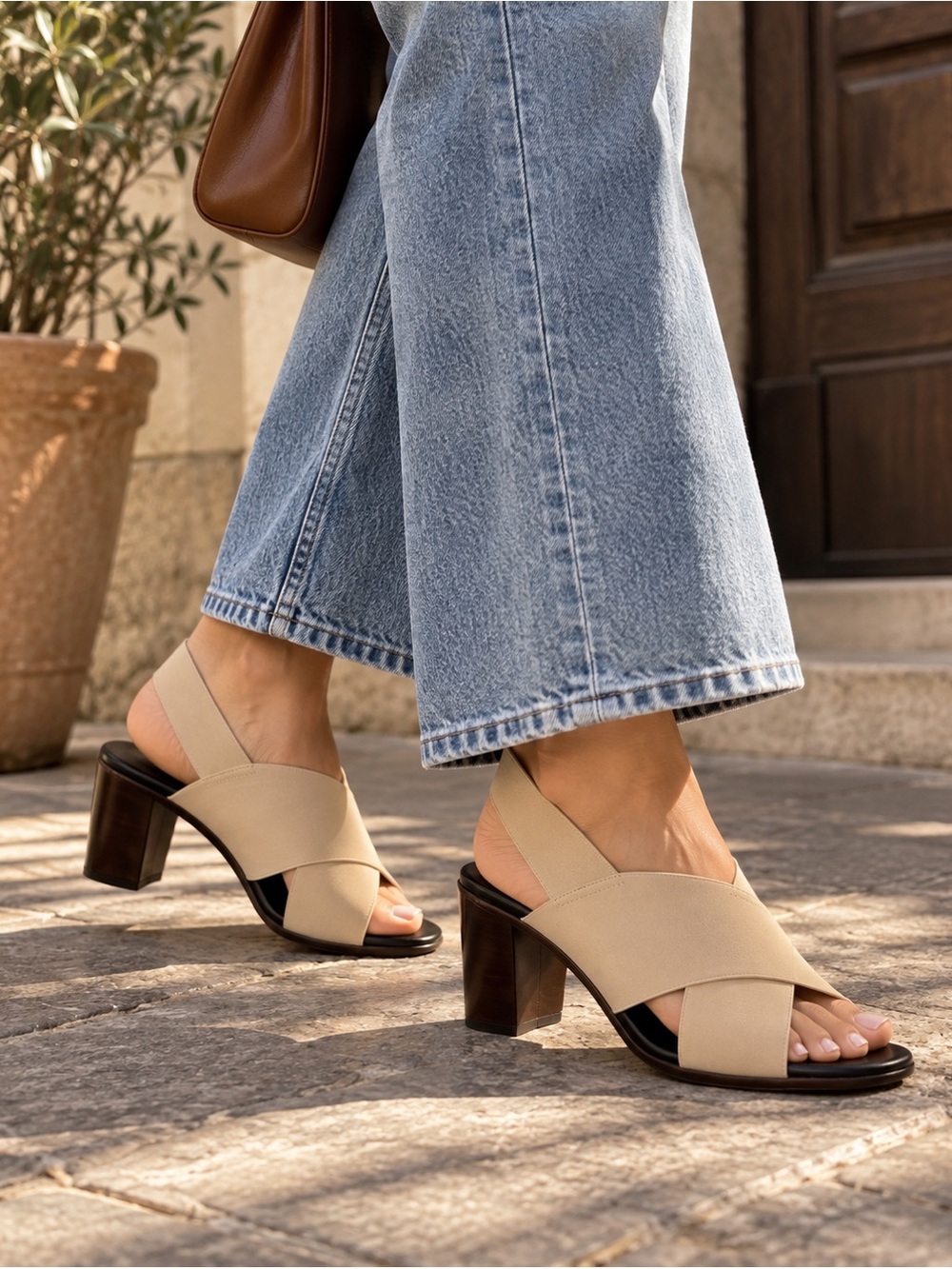 Ron White Rapisardi Beige Stretch Slingback Block Heel Sandals EU 37 Italy